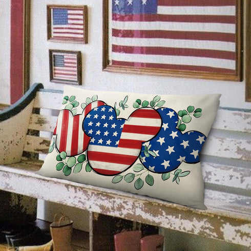 4th of July Cartoon Mouse Patriotic Lumbar Decorative Throw Pillow Cover 12 x 20, Rectangular America USA Eucalyptus Leaves Outdoor Home Decor, Am...