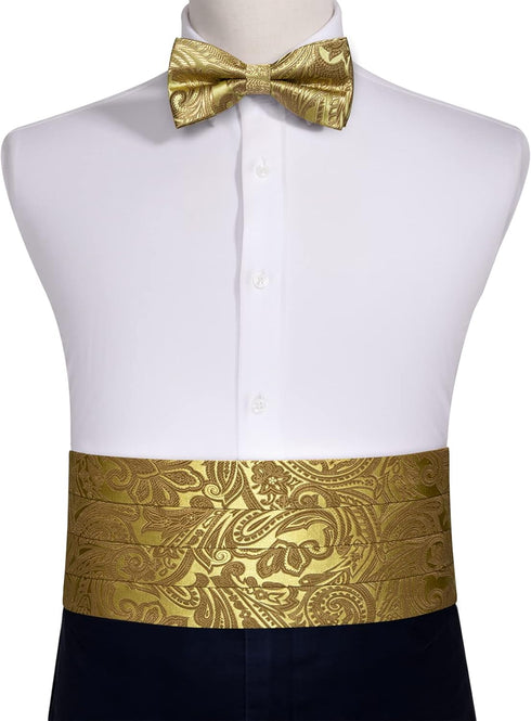Barry.Wang Men Silk Paisley Cummerbund and Pre-tied Bowtie Handkerchief Cufflink Set for Tuxedo...