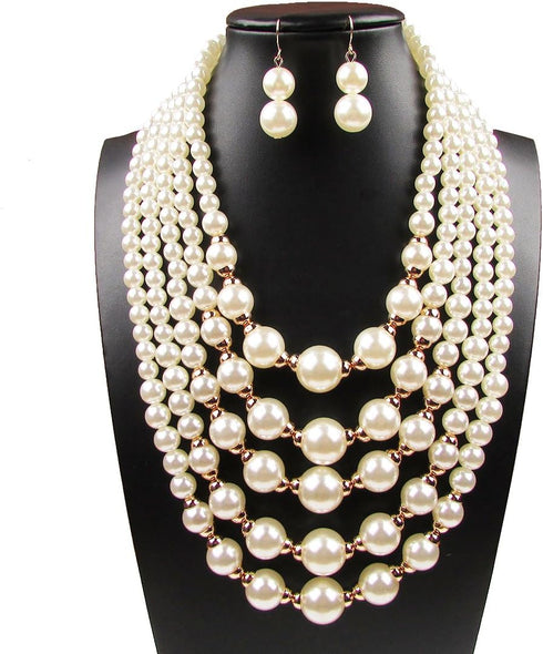 Women Elegant Pearl Jewelry Bead Cluster Collar Bib Choker Necklace and Earrings Set (Ivory)...