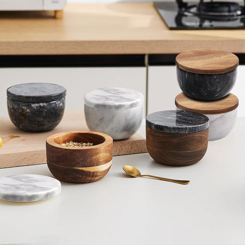 Salt Box Salt cellar with spoon Black Marble Base Natural Acacia Top Decorative Boxes Spice Seasonings Keeper Salt Container Elegant Design Salt C...