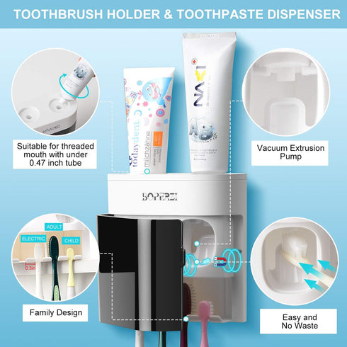 Boperzi Dustproof Cover Toothbrush Holder Wall Mounted Automatic Dispenser for Shower Bathroom Set with 2 Toothpaste Squeezers(No Electric, No Lig...