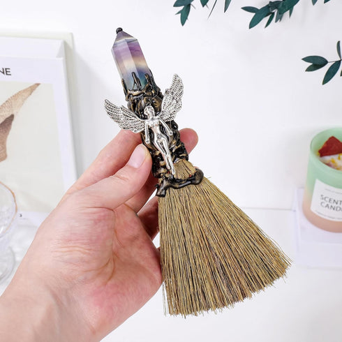 Natural Crystal Magic Sweeper Coloured Fluorite Tower Broom 7.08"-7.87" Healing Crystal Point Witch Altar Supplies for Crystal Therapy Cleaning Be...