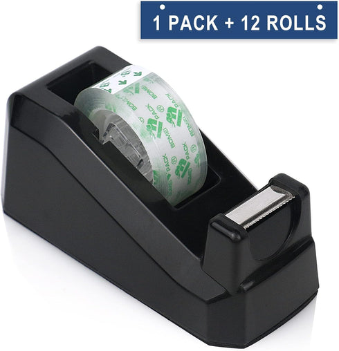 BOMEI PACK Tape Dispensers Desk, 1 Pack Black with 12Rolls Transparent Tape, 1 Inch Core, for Gift Wrapping, School, Office and Home...