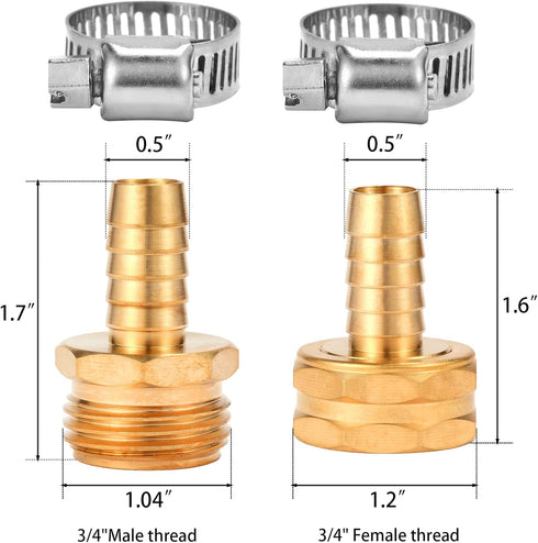 Brass Garden Hose Connector Repair Mender Kit with Stainless Clamp,Fits 1/2" Water Hose Fitting,3 Sets(1/2" Barb x 3/4" GHT)...