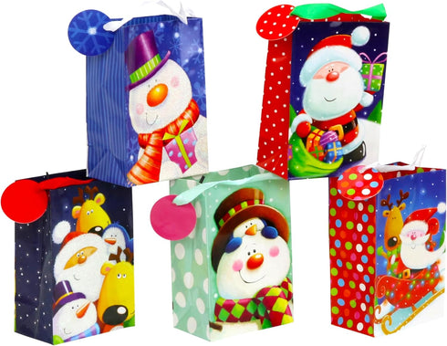 Iconikal 20-Pack Christmas Gift Bags, Small 4x6x2.5-Inch, Snowman Santa Reindeer, Ribbon Handles...