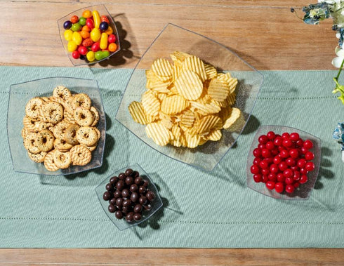 Posh Setting Square Plastic Serving Bowls, Medium Silver Glitter Plastic Serving Bowls, 4 Pack Plastic Disposable Party Snack, Buffet, Chips, or S...
