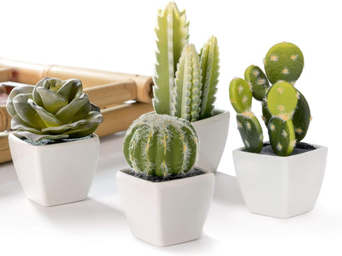 Artificial Mini Succulent & Cactus Plants in White Cube-Shaped Pots for Home Decor, Set of 4...