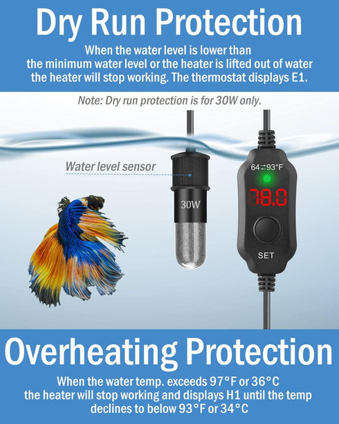 AquaMiracle Adjustable 20W Small Aquarium Heater Submersible Fish Tank Heater Betta Heater Turtle Heater Super Mini Aquarium Heater with Digital D...