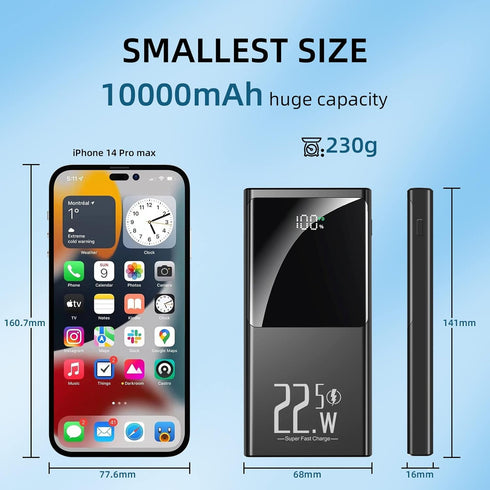 Portable Charger 10000mAh, Power Bank 5V/3A 22.5W Fast Charging USB-C in/Out LCD Dispaly Battery Backup for iPhone 15/14/13/12/11,Samsung,Google A...