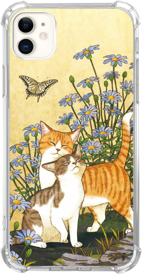 Cute Cat Lover with Butterfly Case Compatible with iPhone 11, Cute Cat Blue Daisies Pattern Case for Girls Boys Women Men, Unique Trendy TPU Bumpe...