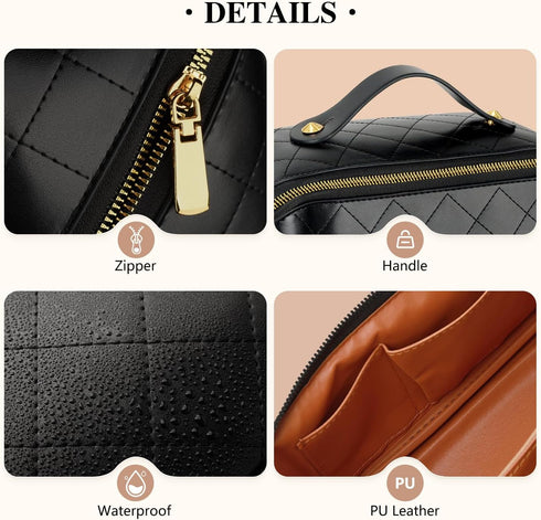 Travel Makeup Bag, 4L Large Capacity Cosmetic Bags for Women and Girls, Portable Makeup Organizer with Divider and Handle, PU Leather Waterproof M...