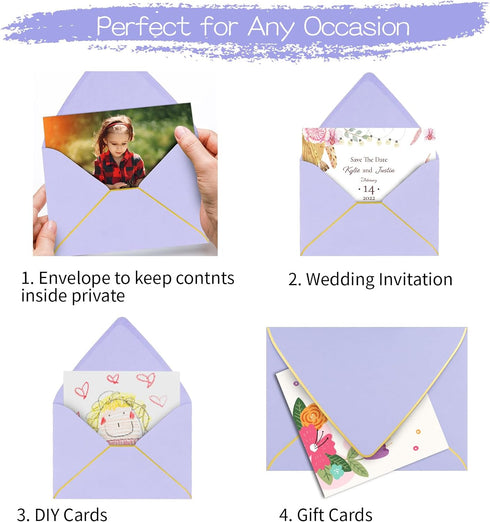 5x7 Envelopes for Invitations with Gold Border,V-Flap Envelopes 50 Pack,A7 Envelopes for Cards,Wedding,Invitations,Baby Shower,All Occasions(Purpl...