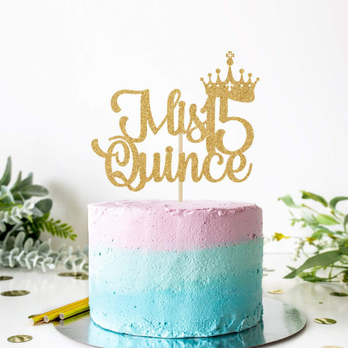 Mis Quince 15 Cake Topper, Hello 15, Cheers to 15 Years, 15th Birthday/Anniversary Party Decorations Gold Glitter....