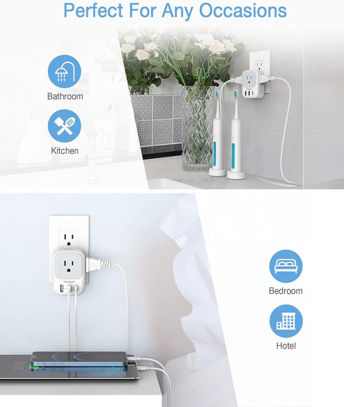 USB Wall Charger, Wall Plug Adapter Outlet Extender, TESSAN 3 Charger Block (1 USB C Port), Multi Charging Station for Cruise, Bathroom, Office, D...