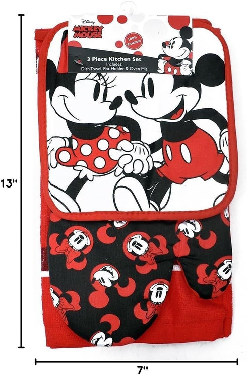 Disney Oven Mitt Pot Holder & Dish Towel 3 pc Kitchen Set (Mickey Minnie Red)...