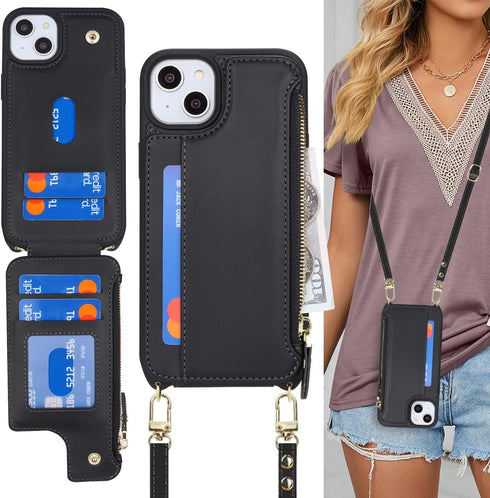 Cavor for iPhone 13 Case with Card Holder,iPhone 13 Wallet Case for Women,Phone Case iPhone 13 Case with Strap,Crossbody Lanyard and Wristlet,Leat...