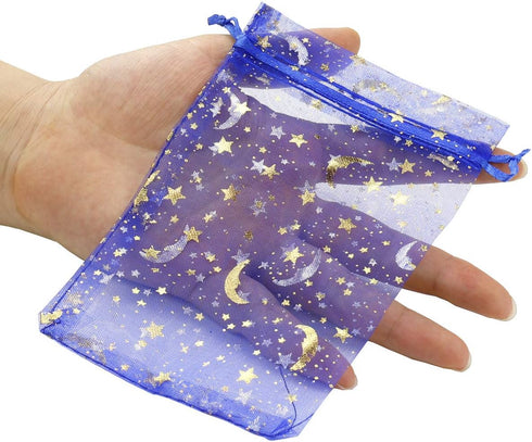 100Pcs 4x6 Inches Sheer Organza Drawstring Pouches Stars and Moon Wedding Party Favor Jewelry Candy Gift Bags (Blue)...
