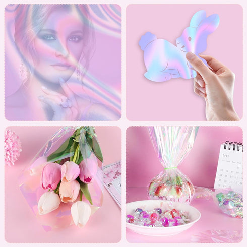 Prudiut 150 Pieces Cellophane Sheets Iridescent Cellophane Wrap Easter Cellophane Gift Wrap for Iridescent Film Crafts Decoration Holographic Cand...