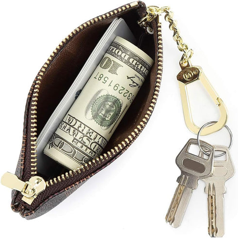Rauder Luxury Zip Key Chain Pouch | Mini Coin Purse Wallet Card Holder with Clasp | for Men Women - Coated Canvas (Brown Stripe)...