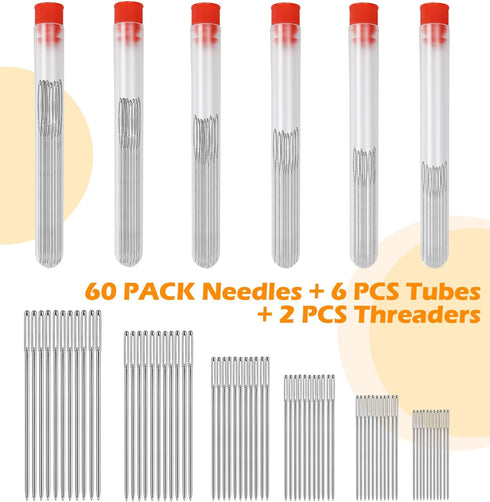 FIVEIZERO 60 PCS Large Eye Sewing Needles, 6 Sizes Hand sewing Needles, Leather Needle Embroidery Thread Needle, Stainless Hand Quilting Needles w...