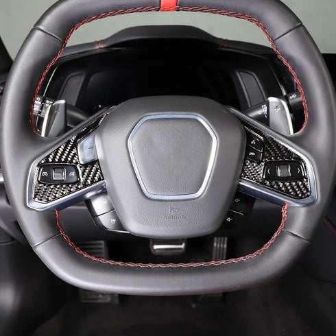 Real Carbon Fiber Steering Wheel Button Cover Sticker Compatible with Chevrolet Corvette C8 2020-2023, Car Steering Wheel Panel Protection Trim (B...