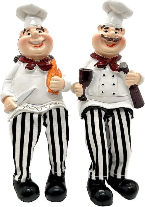Set of 2 Home Kitchen Decor Chef Figurines Bread & Wine with Dangling Legs Shelf Sitters Figurine Statue for Kitchen Shelves, Cupboard, Countertop...