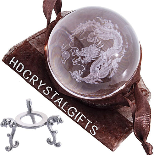 HDCRYSTALGIFTS Crystal 2.4 inch (60mm) Chinese Dragon Crystal Ball with Sliver-Plated Flowering Stand,Fengshui Glass Loong Ball Home Decoration...