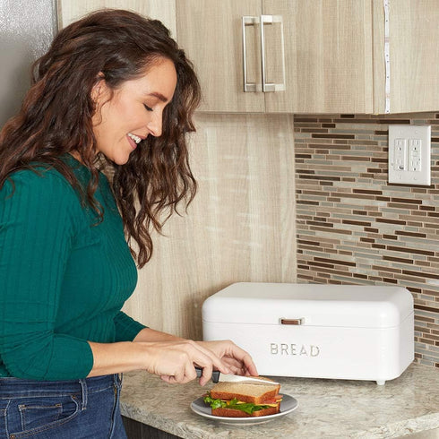Home Basics Bread Box For Kitchen Countertop, Metal, (White), Vented With Hinge Top and Non-Skid Feet | Large Bread Box | Keeps Loaves, Bagels, Cr...