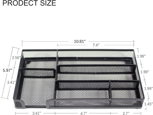 Desk Drawer Organizer Tray, Metal Mesh Drawer Office Drawer Organizer w/6 Compartment, Small Desk Organizer Tray for Home Office School Supplies, ...
