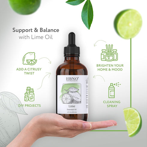 HBNO Lime Essential Oil - Huge 4 oz (120ml) Value Size - Natural Lime Oil, Cold Pressed - Perfect for Cleaning, Aromatherapy, DIY, Soap & Diffuser...
