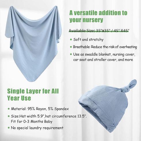 iEvolve Cotton Knitted Baby Swaddle Blanket with Hat Headband Set Newborn Swaddle Wrap Receiving Blankets for Baby Girl Boy 35" x 35"(Lightblue)...