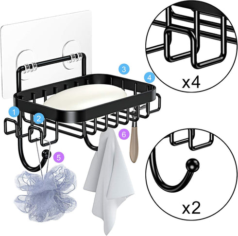 ODesign Soap Dish Holder with 6 Hooks Loofah Bath Sponge Towel Razor Holder for Bathroom Shower Kitchen Adhesive Wall Mounted No Drilling-Black-1 ...