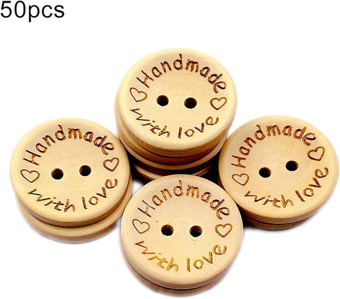 50Pcs Buttons Round 2 Holes Handmade with Love Letter Wooden Button DIY Sewing Decor - 15mm, Sewing Buttons...
