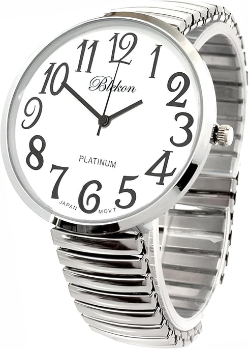 Blekon Collections Silver Super Large White Face Case Size 43mm EXTRA LARGE Stretch Band Japanese Movement PC21J Fashion Watch...