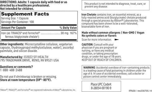 Klaire Labs Iron Bisglycinate Chelate Supplement - 30mg Ferrous Bisglycinate Chelate - Designed to be Well-Tolerated, Well-Absorbed & Gentle on St...