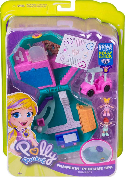 Polly Pocket Playset, Travel Toy with 2 Micro Dolls, Toy Car & Surprise Accessories, Pamperin Perfume Spa Compact...