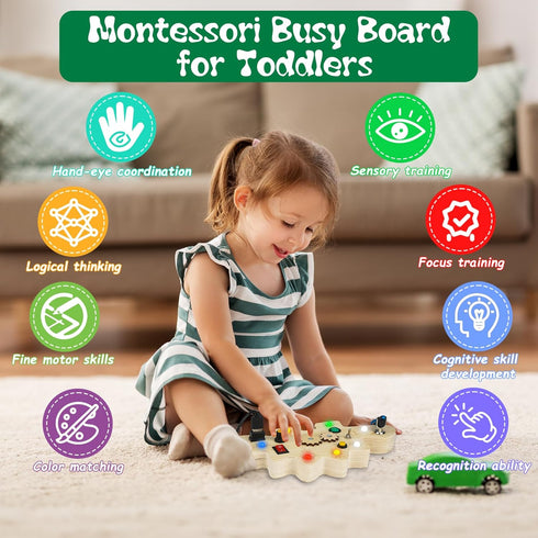 Toddler Busy Board, Montessori Toys for 1-3 + Year Old Baby, Wooden Busy Board with Led Light, Dinosaur Toddler Toys Sensory Toys Travel Toys for ...
