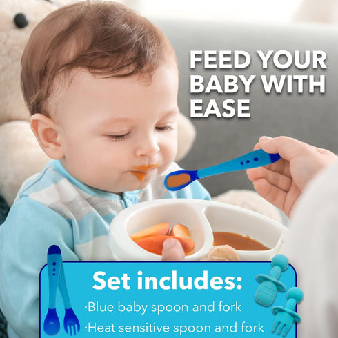 4 piece set of silicone spoon/fork and heat sensitive spoon/fork Baby Feeding Utensils Silicone Tip Self Feeding Chewable Spoon & Fork Toddler Tra...