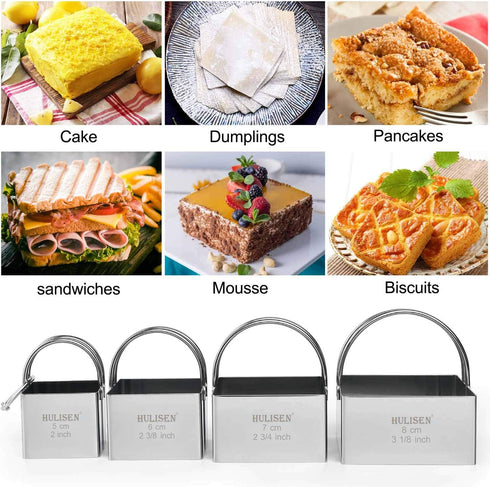 HULISEN Square Biscuit Cutter Set (4 Pieces/Set), Stainless Steel Cookies Cutter with Handle, Professional Baking Dough Tools, Gift Package (Squar...