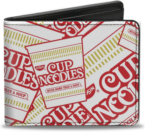 Buckle-Down Men's Foods Wallet, Bifold, Nissin Noodles Cups Stacked White Red Dark Yellow, Vegan Leather, 4.0" x 3.5"...