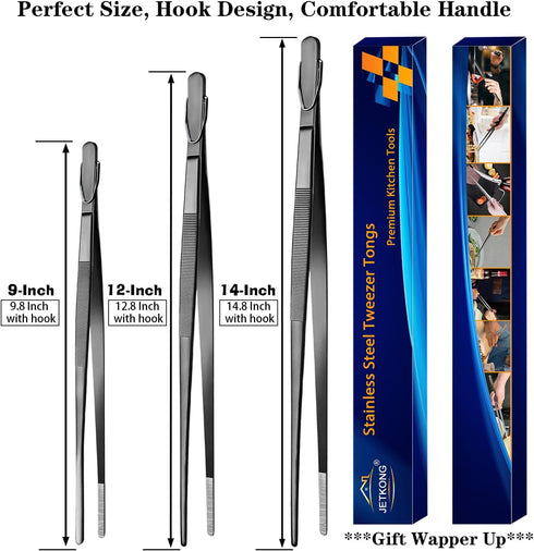JETKONG Extra Long Kitchen Tweezers Heavy Duty Stainless Steel Cooking Tweezers, Set of 3 (9 12 14 Inch, Black)...