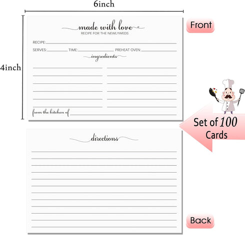 4x6 Recipe Cards for the Newlyweds, 100 Pack Double Sided Recipe Cards White Cardstock - Simple, Cute Made with Love Heart Design - For Bridal Sho...