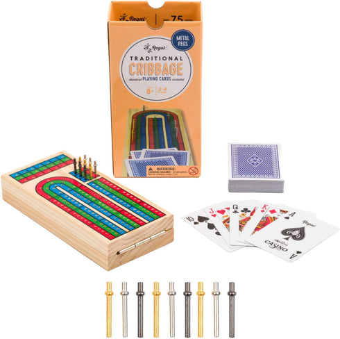 Regal Games Cribbage Board Game Set w/Storage - Fun Table Game with Wooden Board for Adults & Kids - 9 Metal Pegs, Deck of Playing Cards & 2-4 Pla...