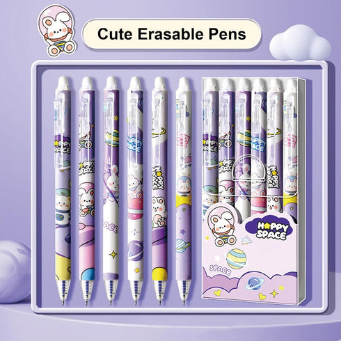 6 Pcs Erasable Retractable Pens Erasable Gel Ink Pens Cartoon Rabbit Erasable Soft Grip Pens 0.5mm Blue Ink Writing Pen School Pens Office Supplie...