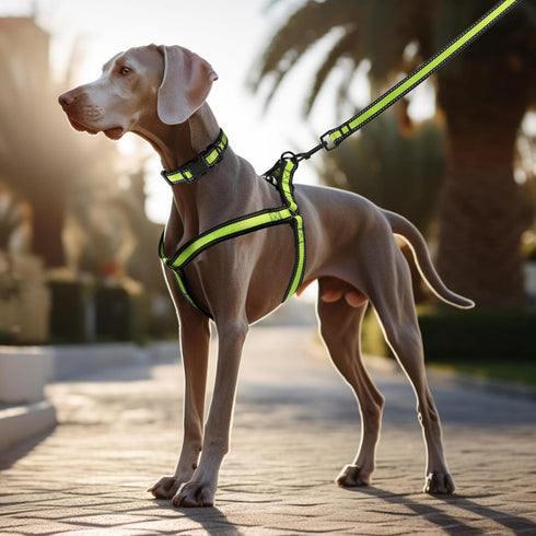 Mile High Life Night Reflective Double Adjustable Band Nylon Small Puppy Pet Dog Combo Collar Leash and Harness Set (Reflective Edge Lime Green, M...