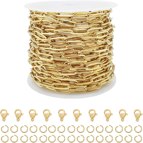 16.4 Feet Stainless Steel Paperclip Chains for Jewelry Making Gold Plated Bulk Bracelet Necklace Chain with Lobster Clasps and Jump Rings (3mm Wid...