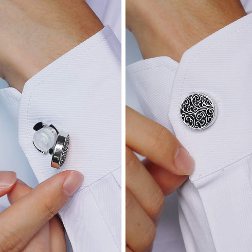 HONEY BEAR Round Retro Pattern Carved Print Button Covers Cufflinks for Men Ordinary Shirt...