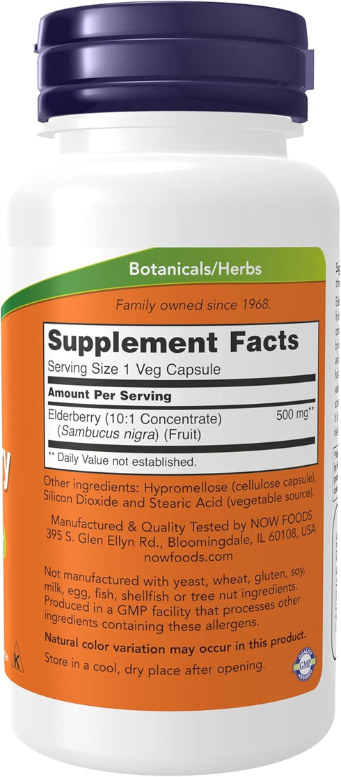 NOW Supplements, Elderberry (Sambucus nigra)500 mg, 10:1 Concentrate, 60 Veg Capsules...
