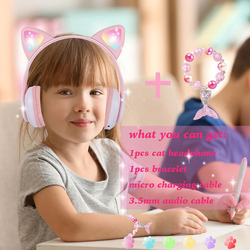 Wireless Headphones for Kids, Cat Ear LED Light Up Bluetooth Kids Headphones with Microphone for School/Travel/Sports/Gaming/Gifts/Christmas (Pink...