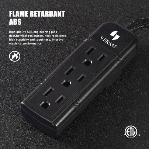 Power Strip 3 Prong Outlet - Slim Black 3 Grounded Outlets Heavy Duty Extension Power Cord Power Strip No Surge Protector with Wall Mount Hole Ide...